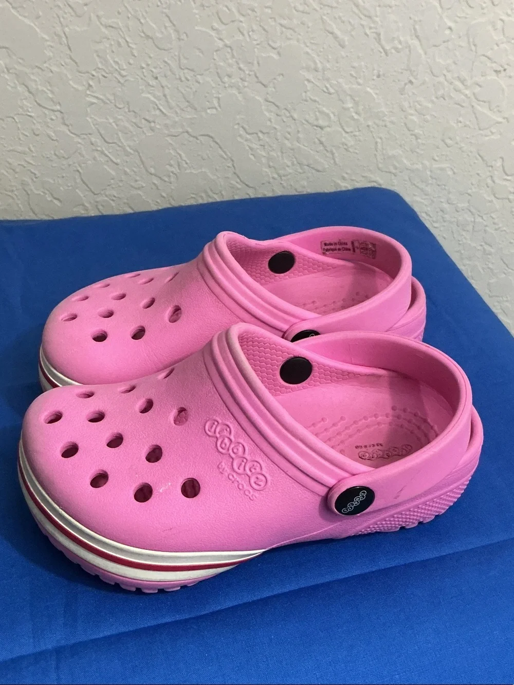 💖 Crocs Kids Crocband Pink White Red Stripe Clog Water Shoes Size C7 💖